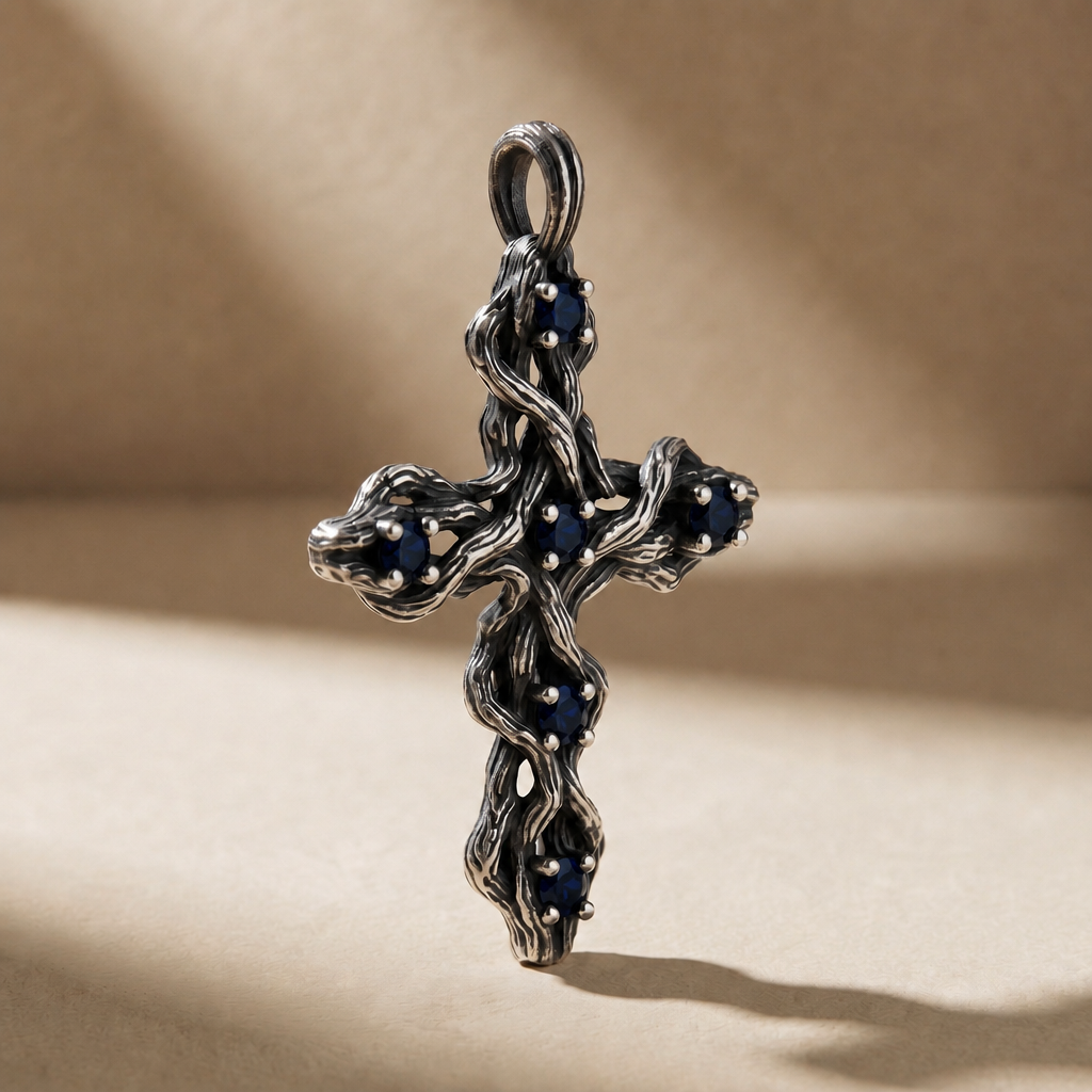 PLEXUS ABYSSUS pendant in volcanic-oxidized 925 silver with blue stones, handcrafted in Italy for you - Broken Hearts
