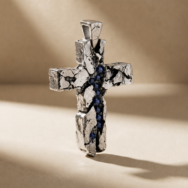 CRUX ABYSSUS cross pendant in volcanic-oxidized 925 silver with blue stones, handcrafted in Italy for you - Broken Hearts
