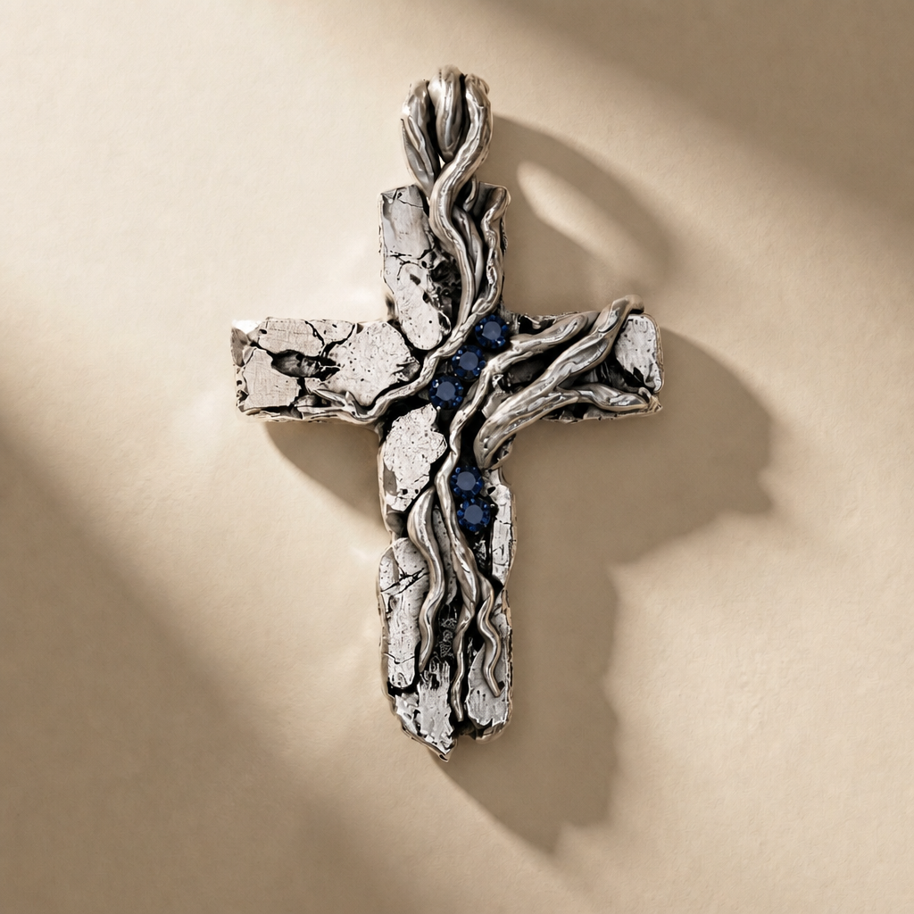 CRUCEM ABYSSUS cross pendant in volcanic-oxidized 925 silver with blue stones, handcrafted in Italy for you - Broken Hearts