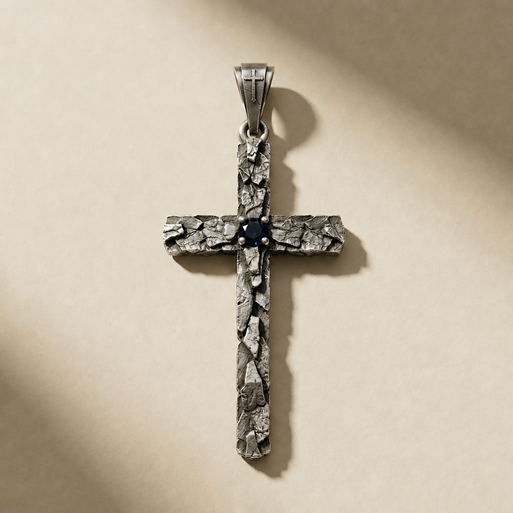 DEVOTIO ABYSSUS pendant in volcanic-oxidized 925 silver with blue stones, handcrafted in Italy for you - Broken Hearts