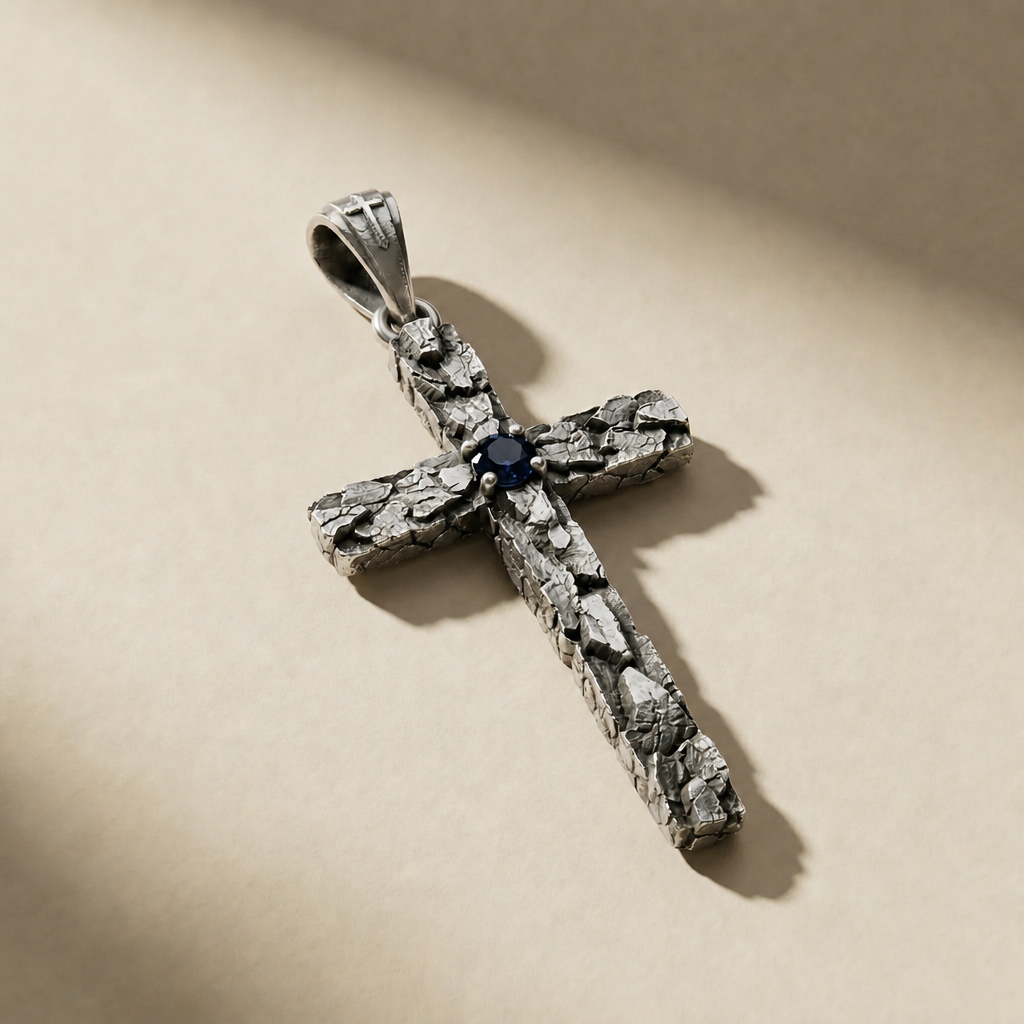 DEVOTIO ABYSSUS pendant in volcanic-oxidized 925 silver with blue stones, handcrafted in Italy for you - Broken Hearts