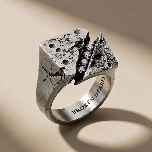 FRACTURA LUX ring in volcanic-oxidized 925 silver with white stones, handcrafted in Italy for you - Broken Hearts
