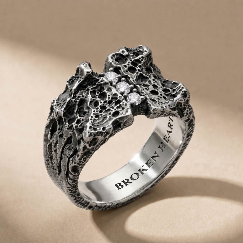 TERNUM LUX three-stone ring in volcanic-oxidized 925 silver with white stones, handcrafted in Italy for you - Broken Hearts