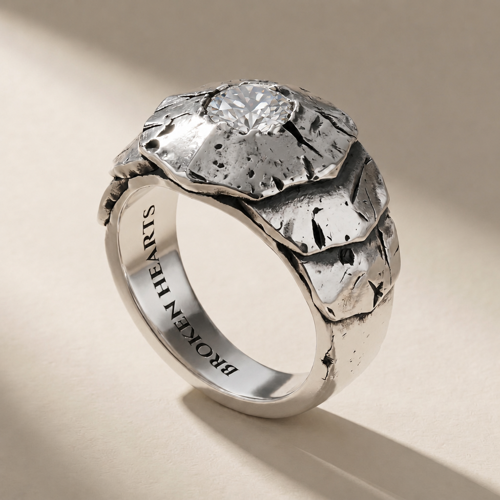 SCUTUM LUX ring in volcanic-oxidized 925 silver with white stones, handcrafted in Italy for you - Broken Hearts