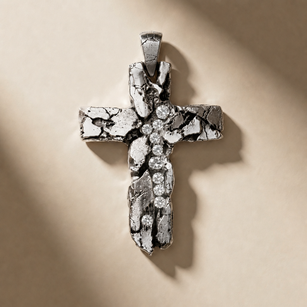 CRUX LUX cross pendant in volcanic-oxidized 925 silver with white stones, handcrafted in Italy for you - Broken Hearts