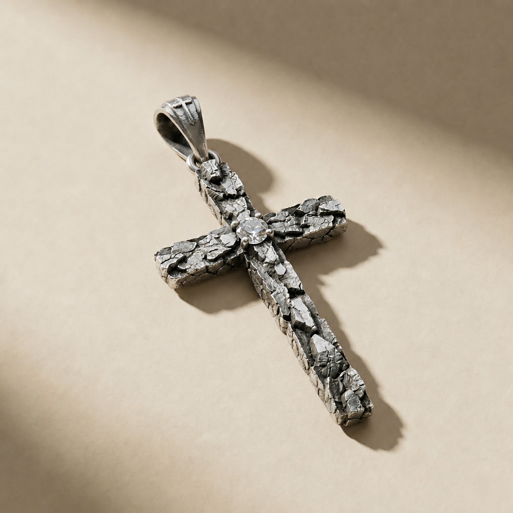 DEVOTIO LUX pendant in volcanic-oxidized 925 silver with white stones, handcrafted in Italy for you - Broken Hearts