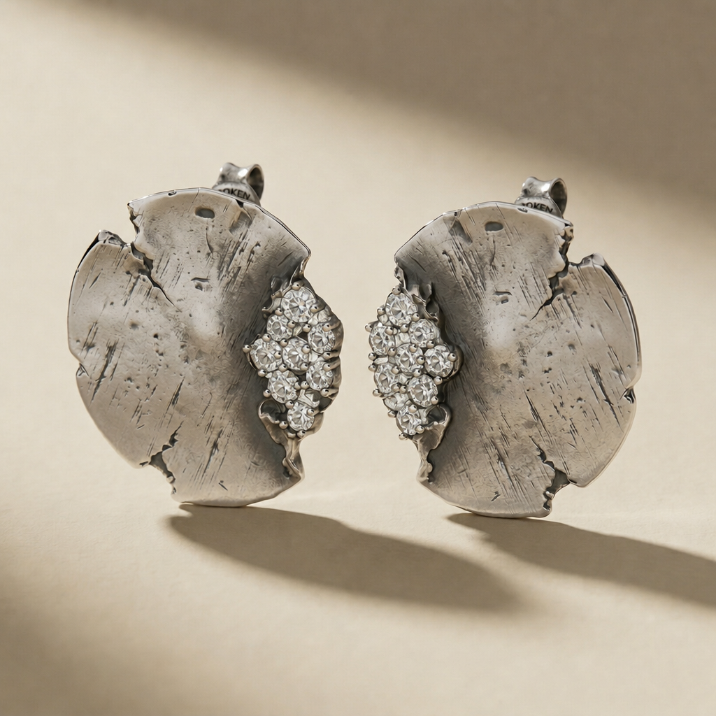ORBITA LUX ear cuff in volcanic-oxidized 925 silver with white stones, handcrafted in Italy for you - Broken Hearts