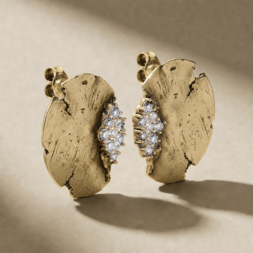 GOLDEN ORBITA LUX earrings in solid 14kt gold with white stones, handcrafted in Italy for you - Broken Hearts