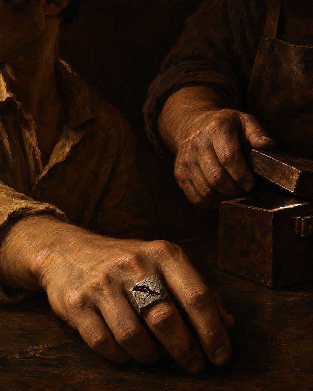 SANCTVM: the casket opens before a hand that already wears a ring