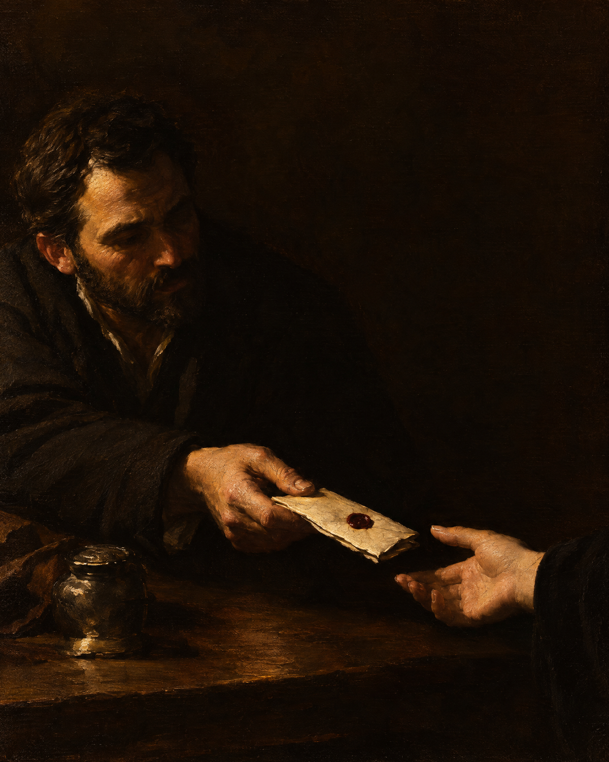 A man hands a sealed letter to the concierge