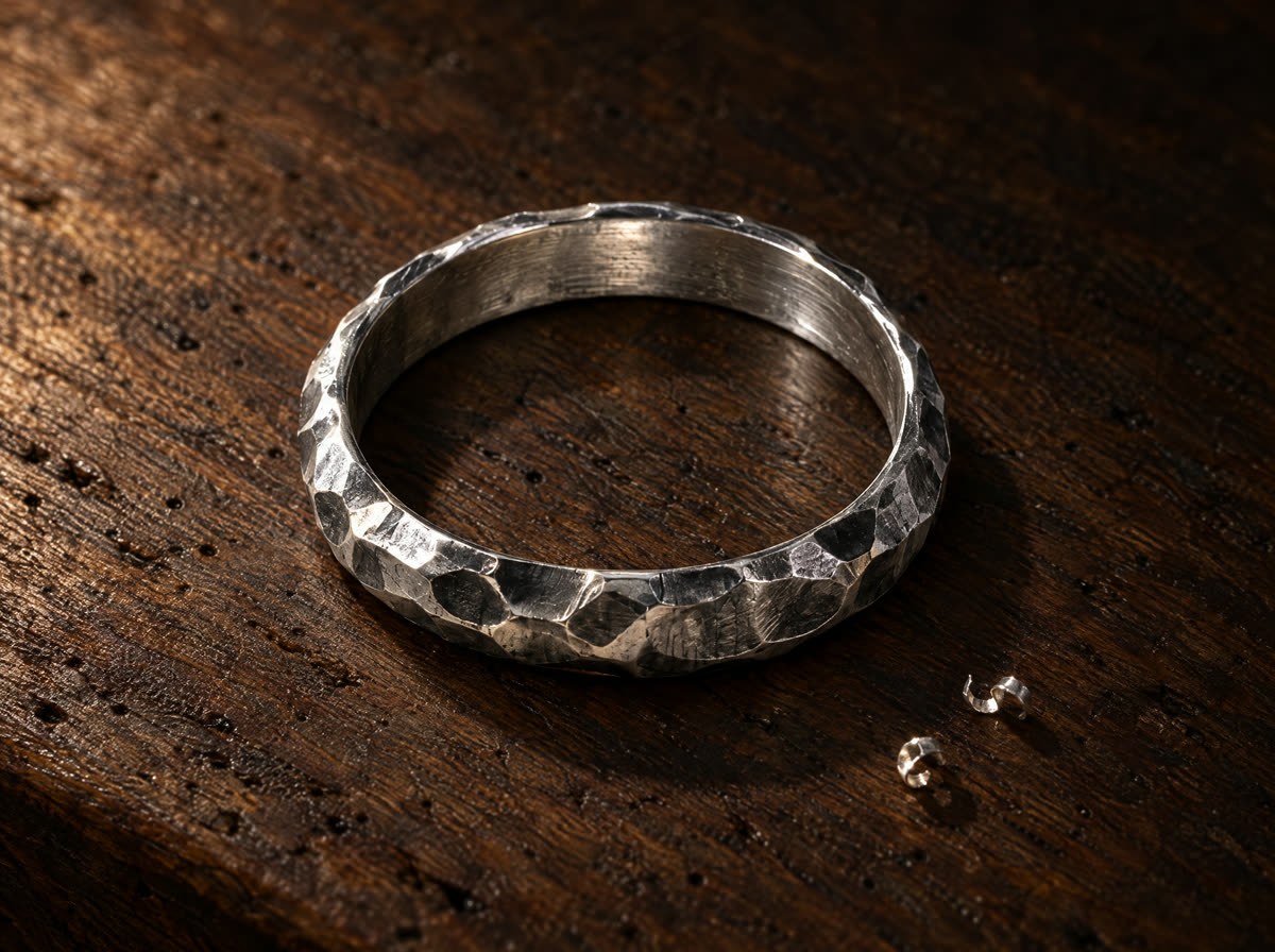 FIDES lying flat on the walnut bench. A gold line marks the inside diameter, from the inside edge of the band on one side to the inside edge on the other.