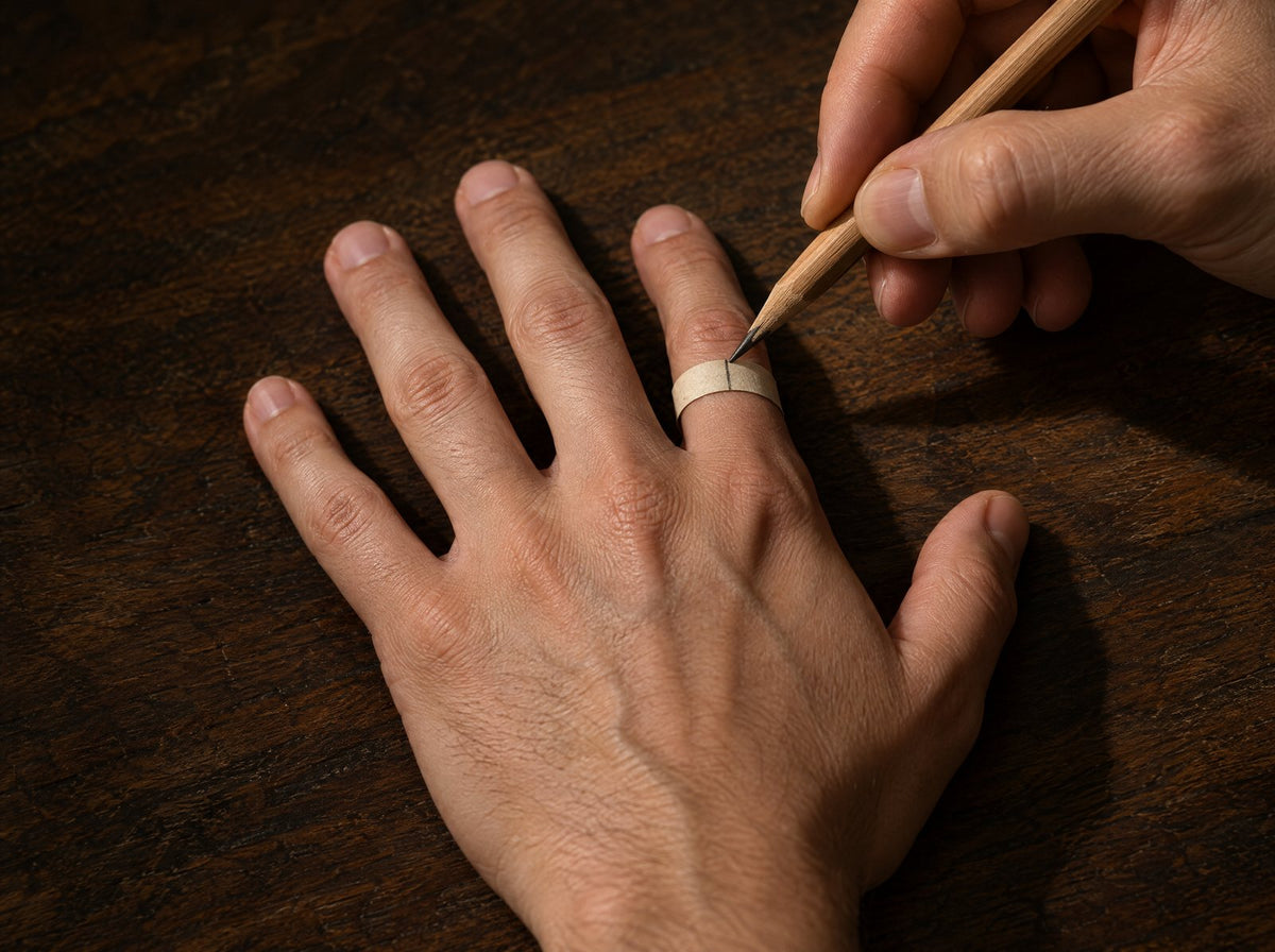 A narrow paper strip around a finger, a pencil marking where its end overlaps.