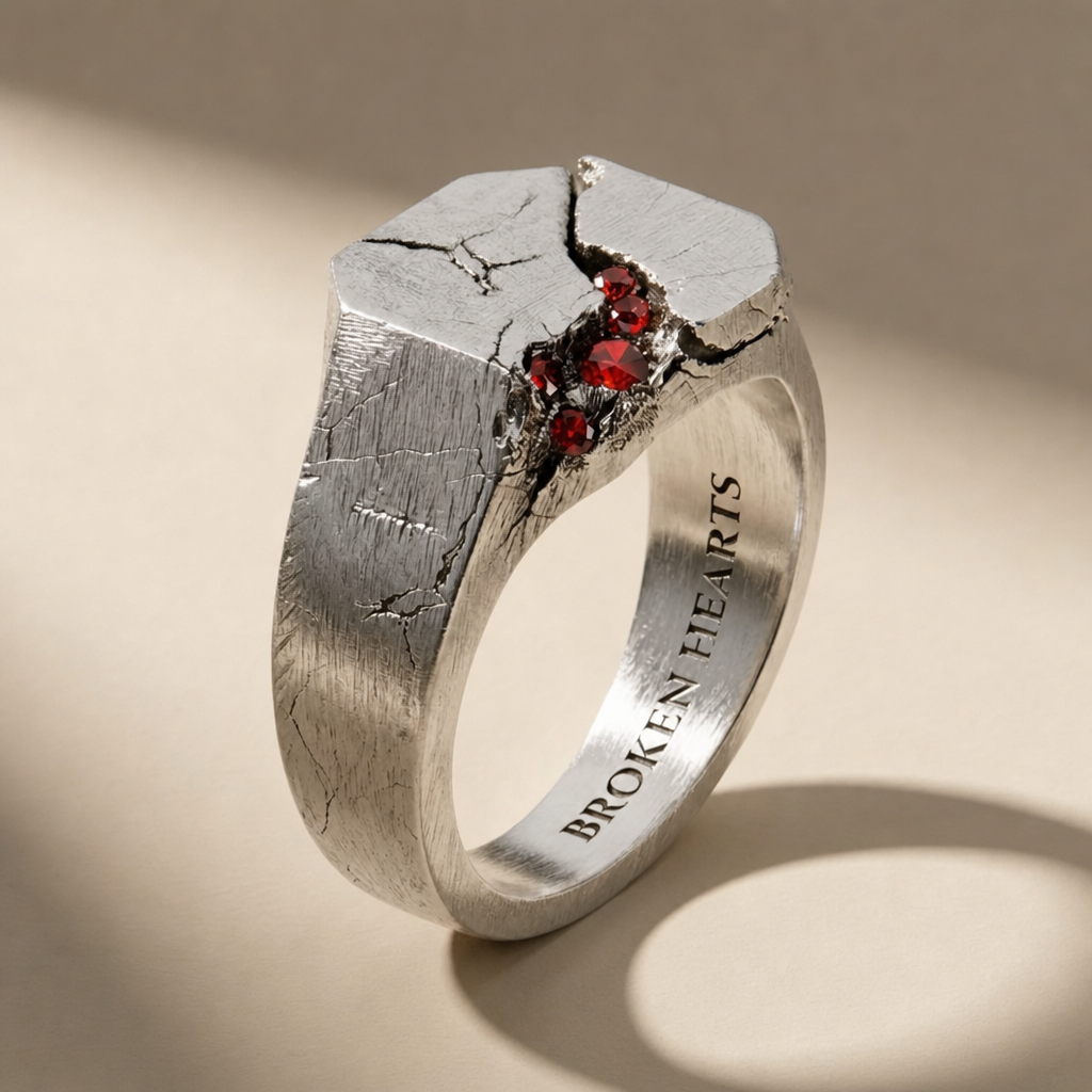 SCISSUM SANGUINIS ring in volcanic-oxidized 925 silver with red stones, handcrafted in Italy for you - Broken Hearts