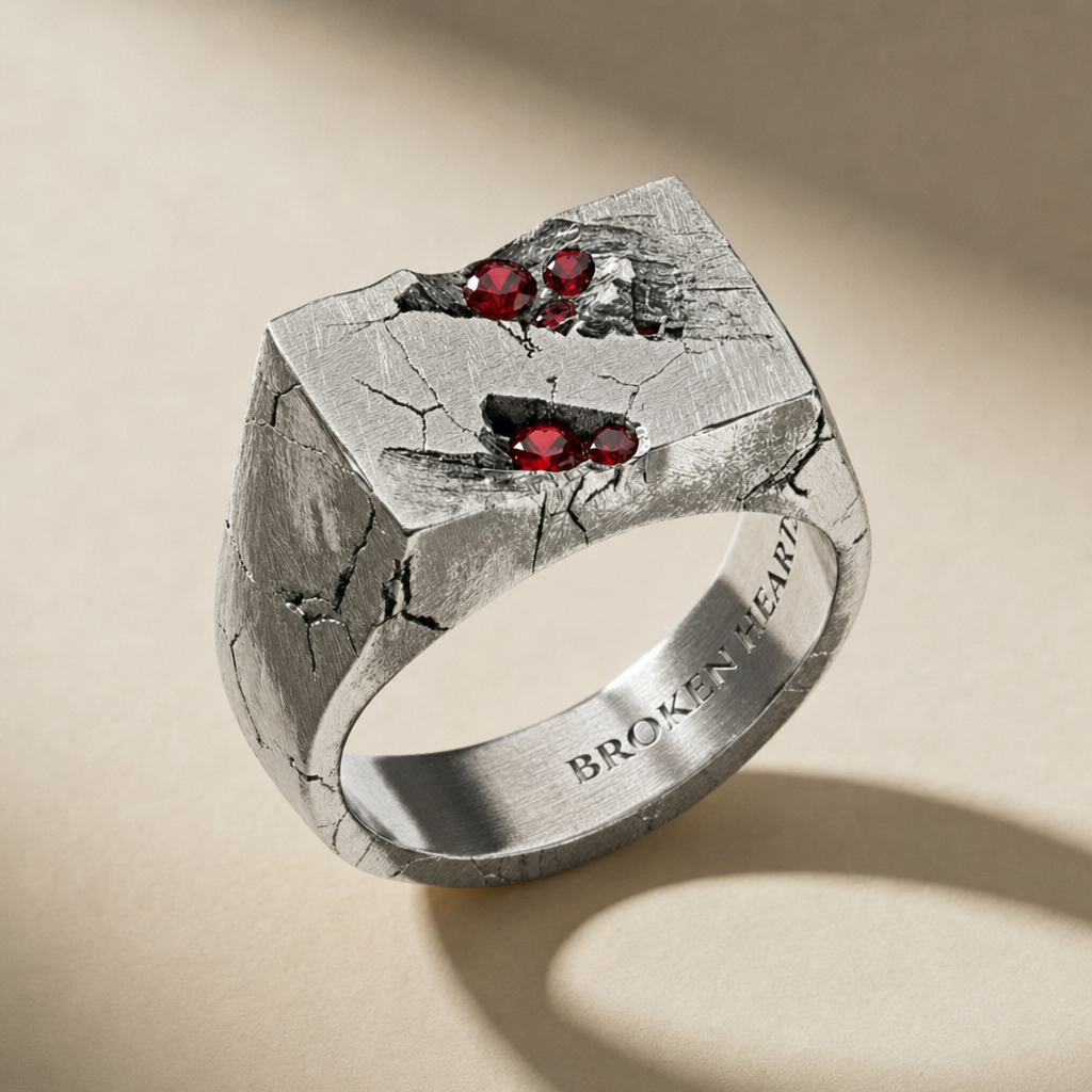 RELIC SANGUINIS ring in volcanic-oxidized 925 silver with red stones, handcrafted in Italy for you - Broken Hearts